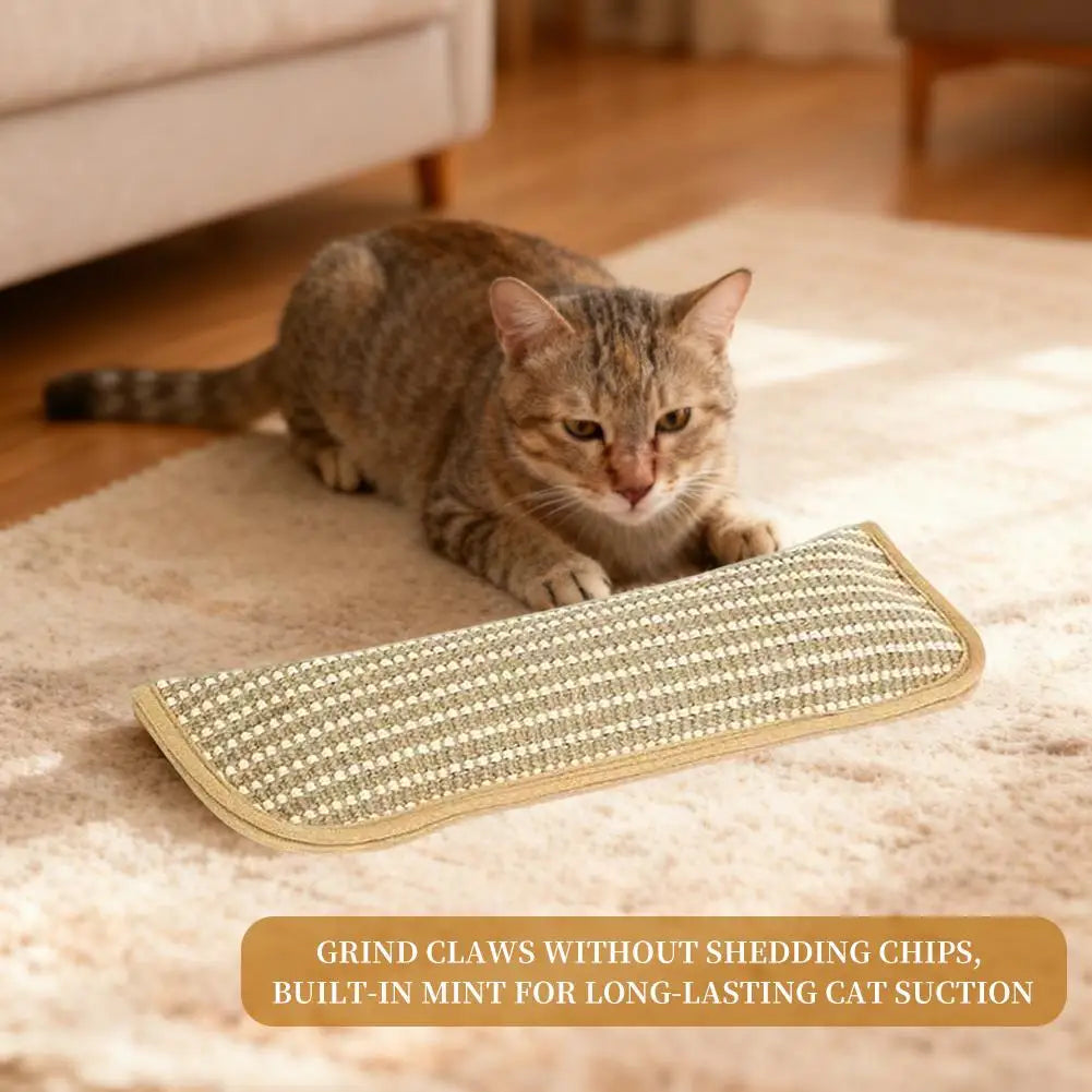 Cat using a self-grinding claw mat on a carpeted floor.