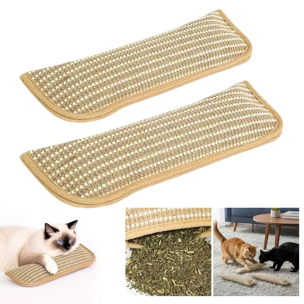Two cat scratchers with a cat lying on one of them, grass, and two cats playing with the scratchers.