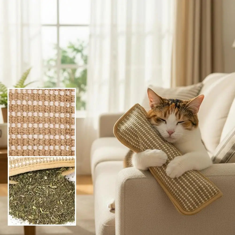 Cat using a catnip toy on a couch with close-up insets of the toy texture and catnip.