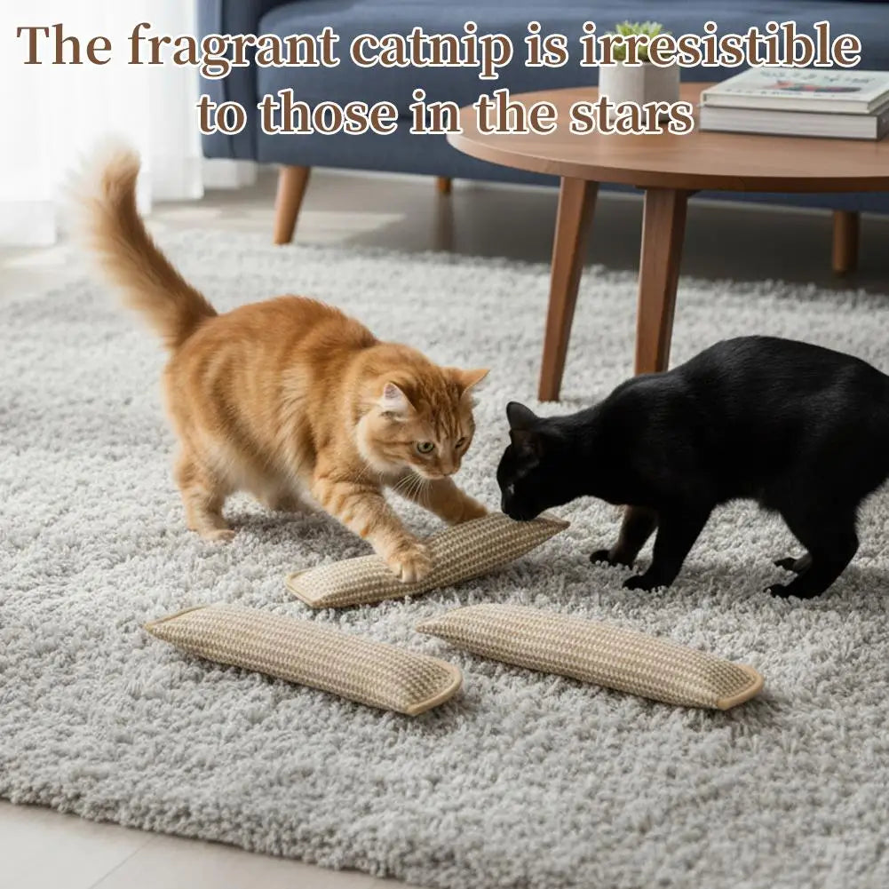 Two cats playing with catnip toys on a carpeted floor.