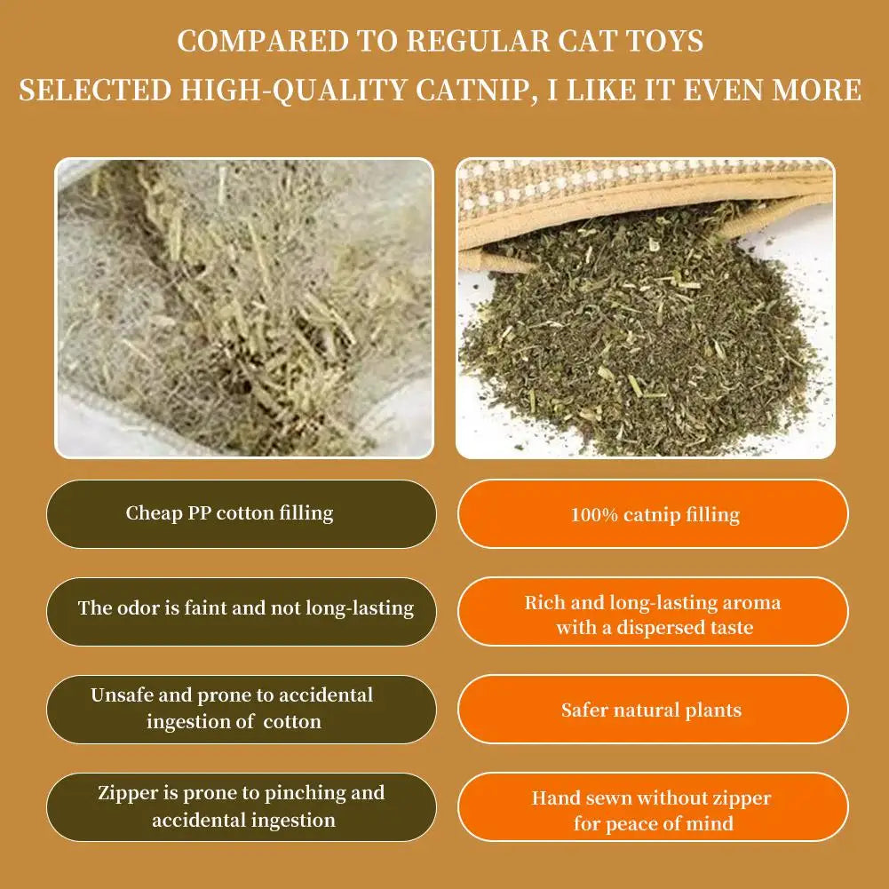 Comparison of cheap PP cotton filling and high-quality 100% catnip filling for cat toys on a brown background.