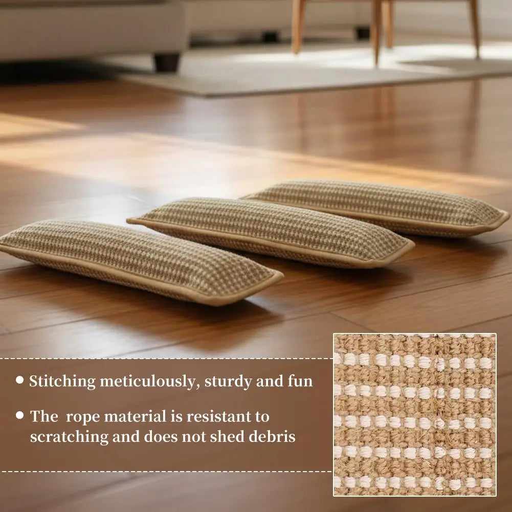 Three woven floor mats on a wooden floor with text about their material and durability.